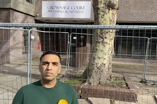 Cllr Boparai outside Crownage Court